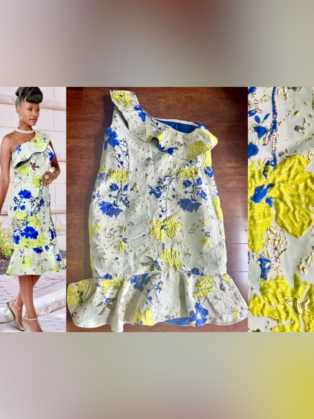 Ashro Yolanda One Shoulder Ivory/Blue/Gold/Yellow Dress Women’s 16W~NEW